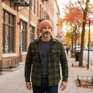 Beanie in Orange with Green Blue Gray Sweater Knit - Model
