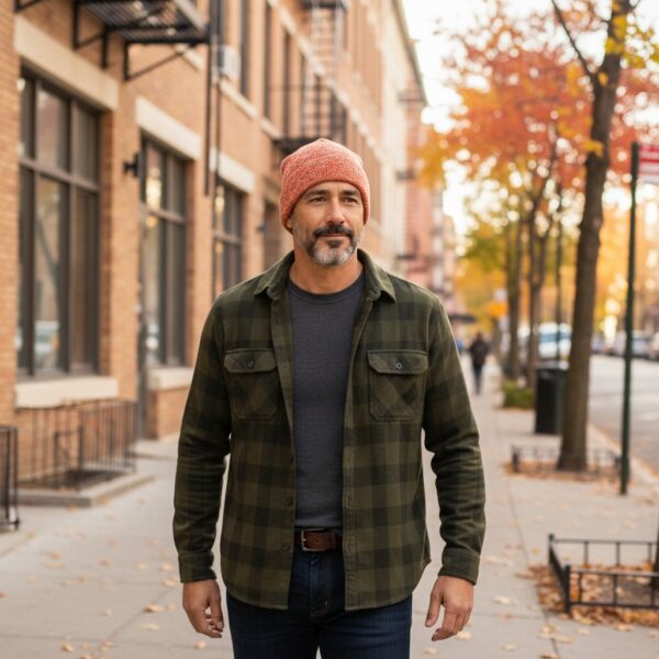 Beanie in Orange with Green Blue Gray Sweater Knit - Model