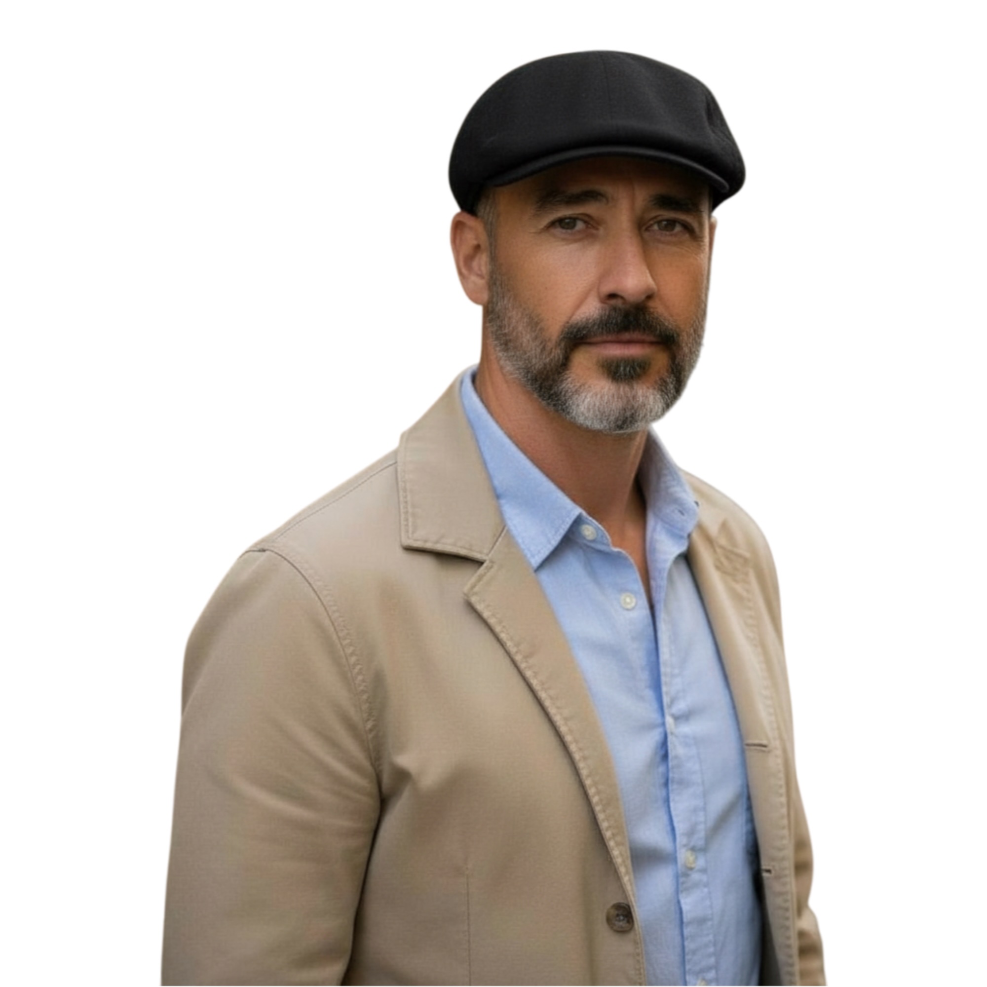 Man wearing a black Ivy Flat Cap with a tan blazer and light blue shirt