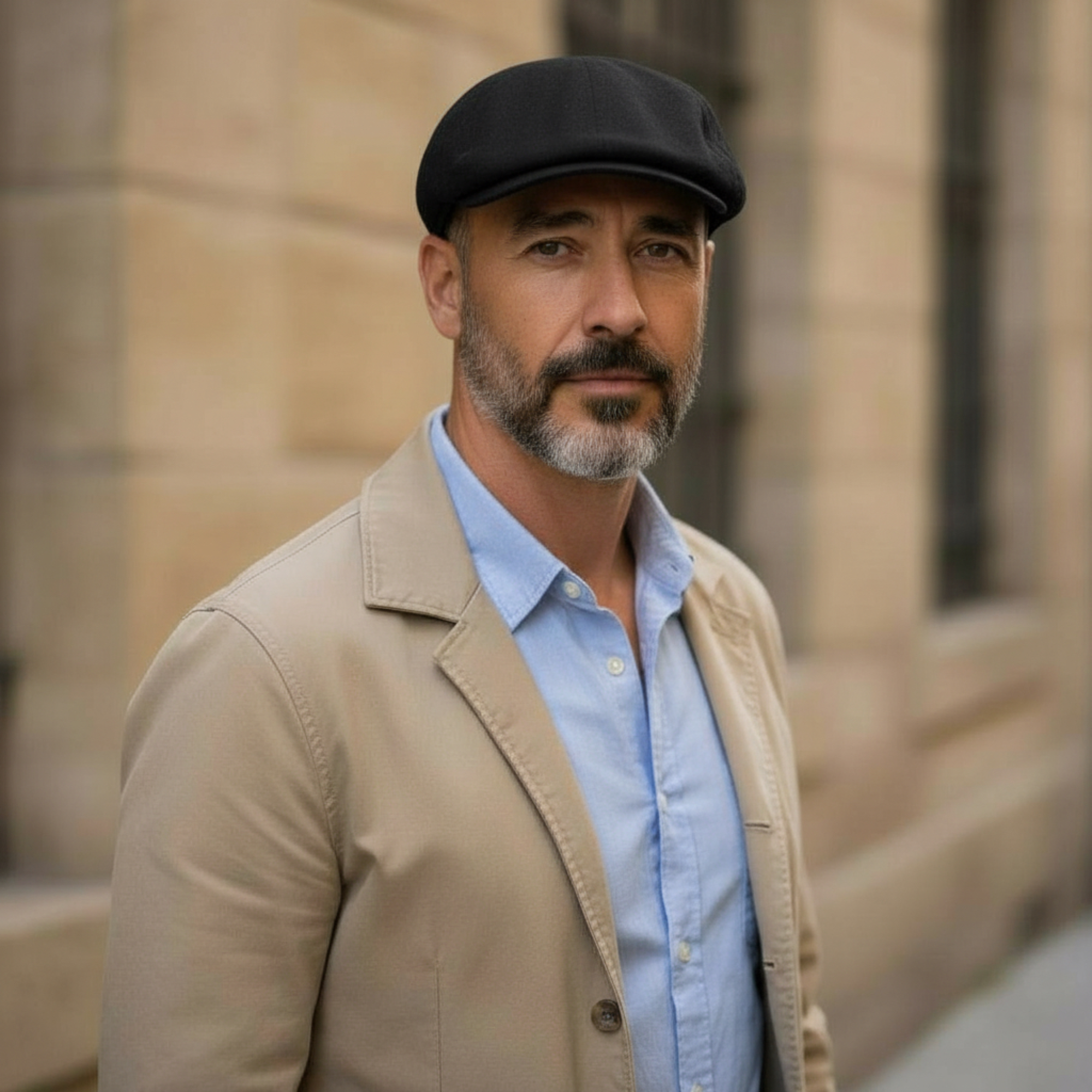 Man wearing a black Ivy Flat Cap with a tan jacket and light blue shirt in an urban setting