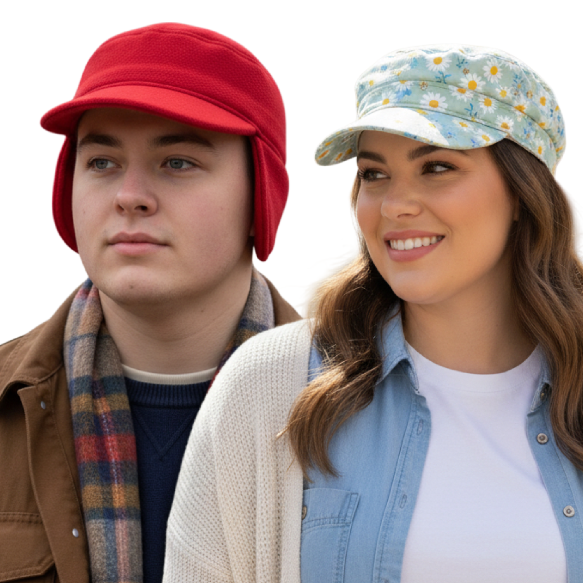 Two people wearing military patrol caps showing all-weather and cool-weather styles on a white background