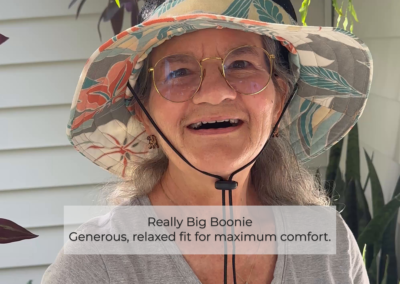 Becky wearing the Really Big size boonie hat, demonstrating a generous, relaxed fit ideal for maximum comfort.