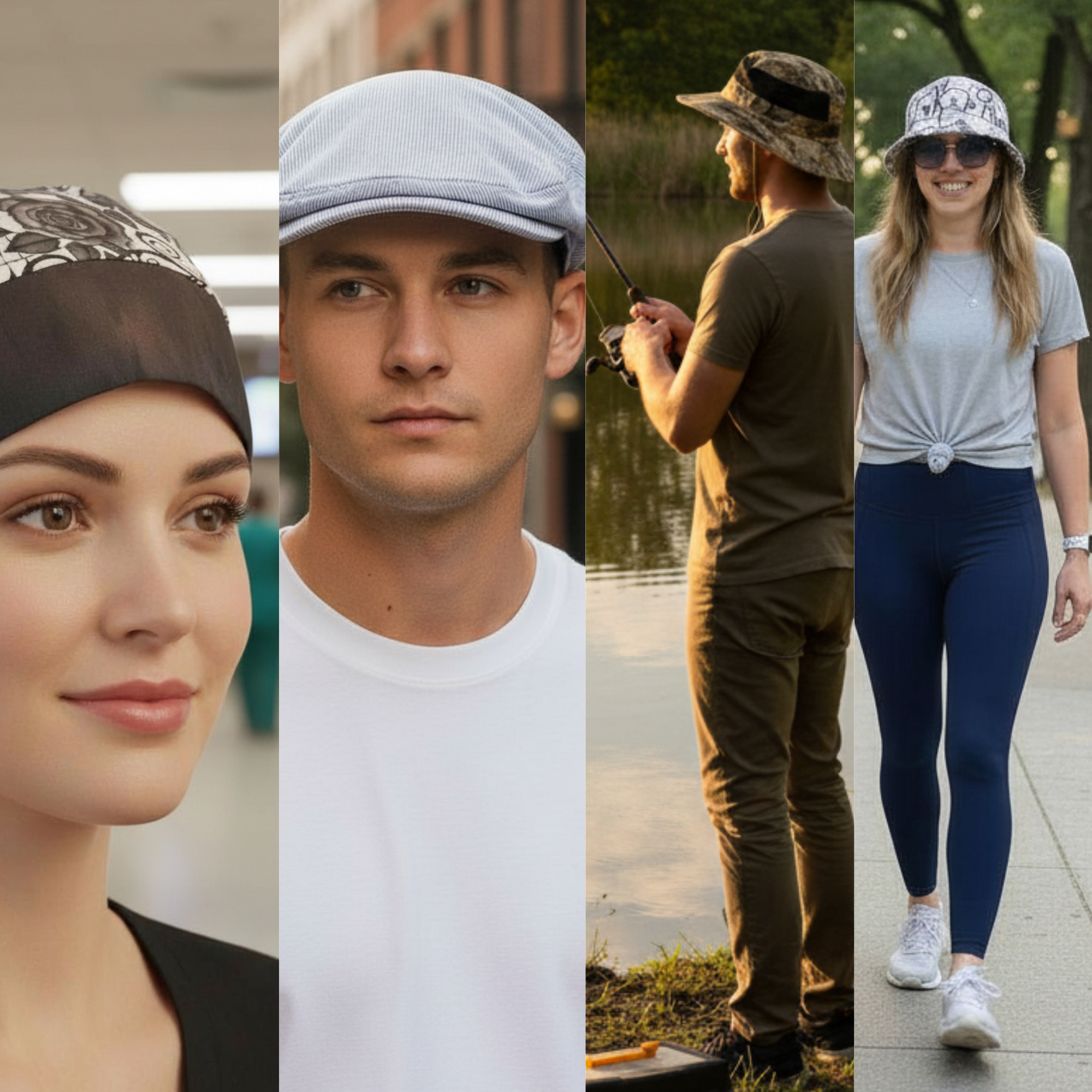 Model scenes showing handcrafted hair bag do rags, ivy caps, boonie hats, and bucket hats worn in everyday and outdoor settings
