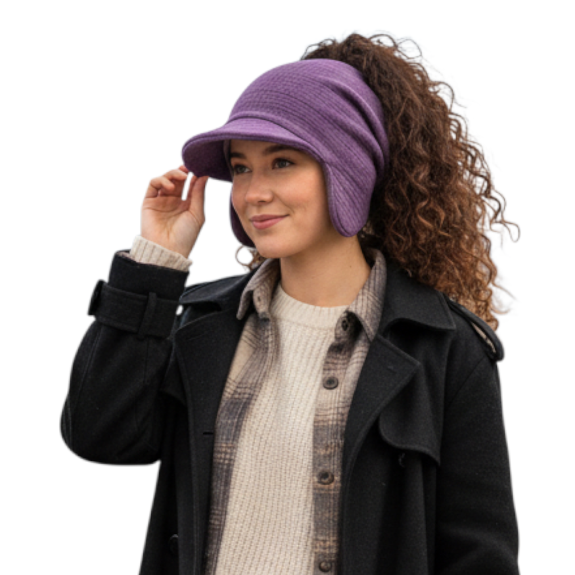 Purple slouchy beanie with relaxed drape worn by woman on white background