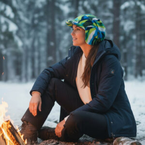 Slouchy Beanie in Blue Green White Wave in Fleece - model