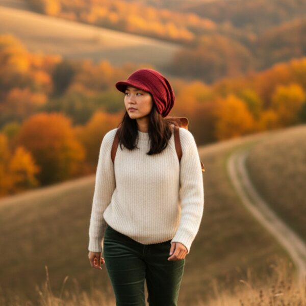 Slouchy Beanie in Burgundy Bubble Gauze - model