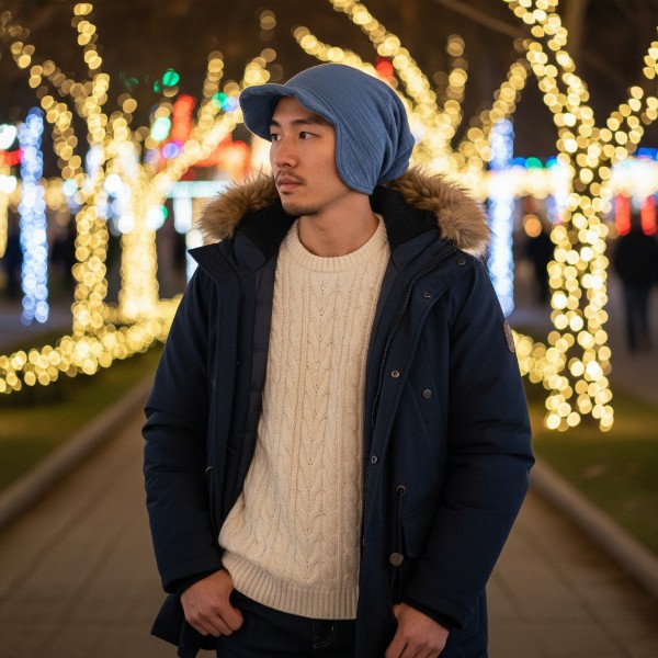 Slouchy Beanie in Dusty Blue Bubble Gauze - model
