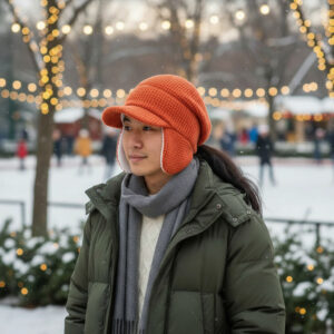 Slouchy Beanie in Peach Sweater Knit with V’s - model