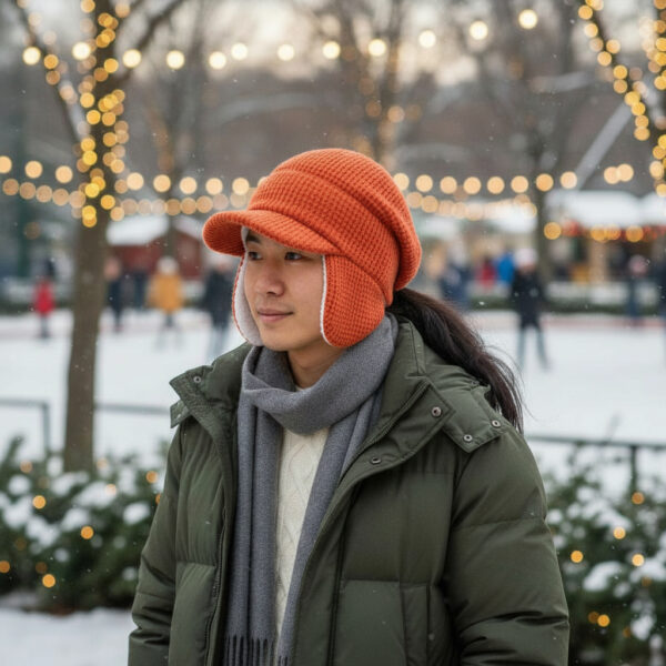 Slouchy Beanie in Peach Sweater Knit with V’s - model