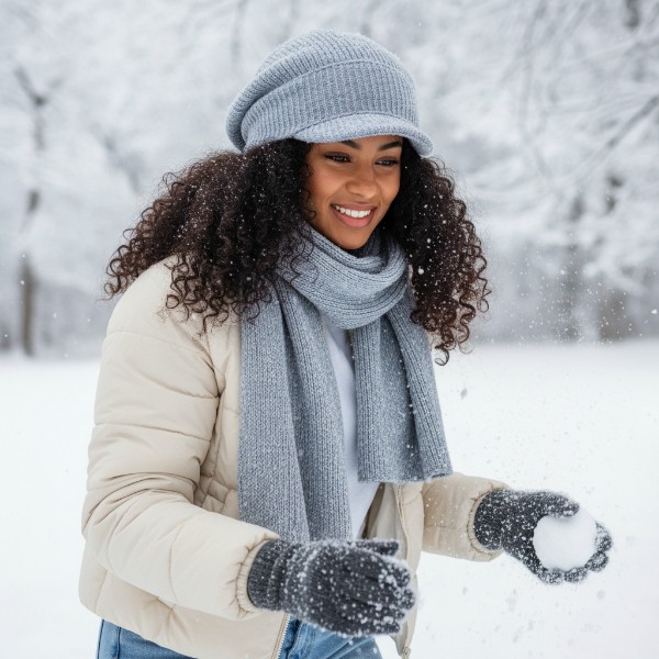 Slouchy Beanie in Sky Blue White Ribbed Sweater Knit - model