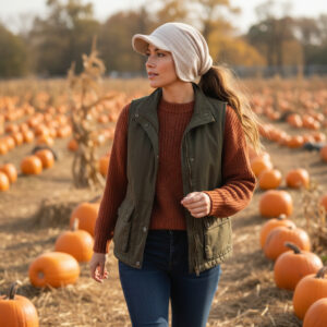 Slouchy Beanie in Tan White Variegated Sweater Knit in Teardrop - model