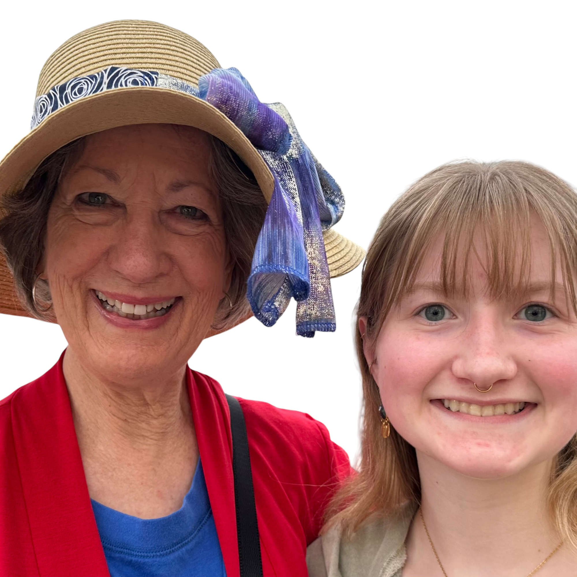 Grandmother and granddaughter choosing a custom floppy hat band on a braided floppy hat.