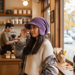 Slouchy Beanie in Plum Bubble Gauze - model