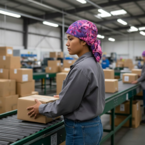 Hair bag workwear headwear worn by a woman working on a warehouse conveyor line