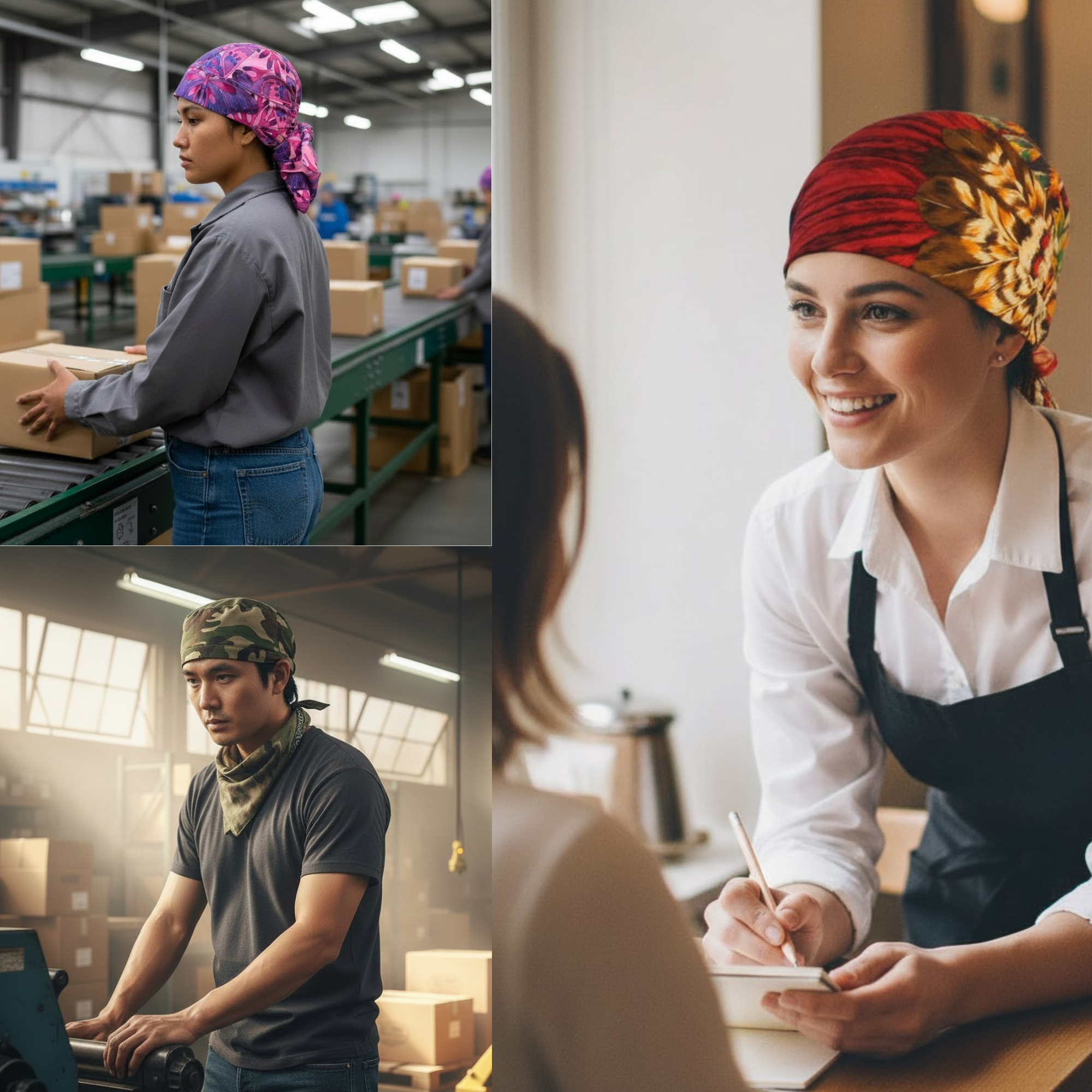 Workwear headwear worn by people working in warehouse, service, and industrial environments