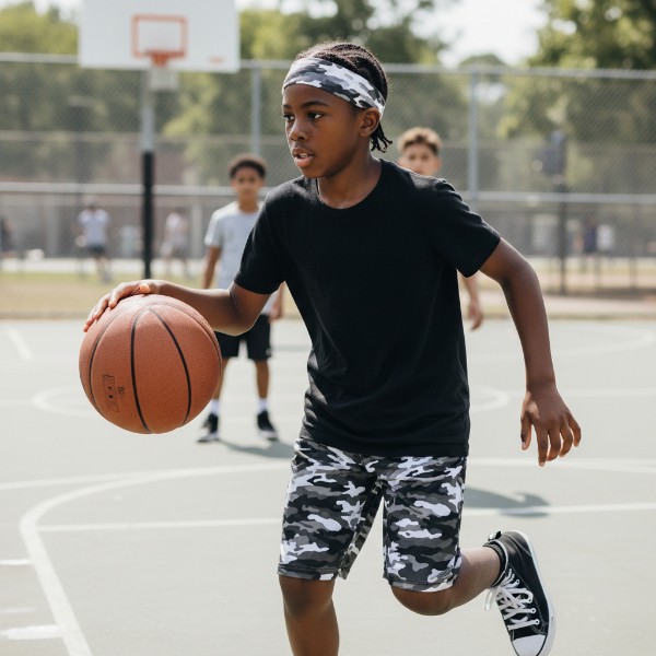 Headband in Gray Black White Camo - model