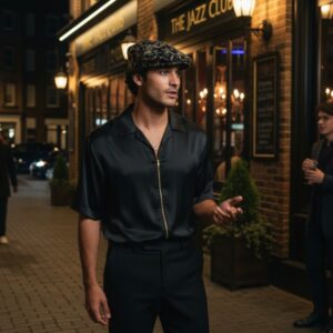 Ivy Flat Cap Music Notes Staff in Tan with Gold on Black - model