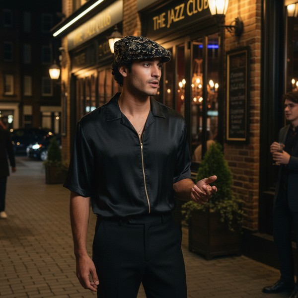 Ivy Flat Cap Music Notes Staff in Tan with Gold on Black - model