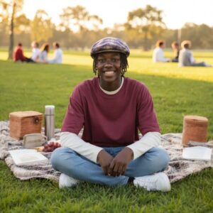 Ivy Flat Cap in Blue Red Tan Banded Plaid with Tan Square Shirting - model