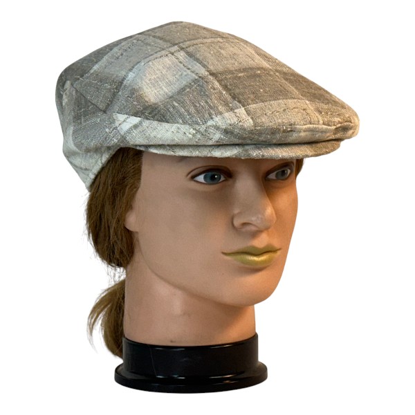 Ivy Flat Cap in Cream Tan Plaid Linen - front right