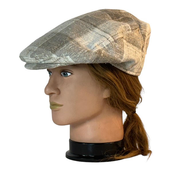 Ivy Flat Cap in Cream Tan Plaid Linen - left