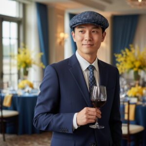 Ivy Flat Cap in Double White Navy Window Pane - model