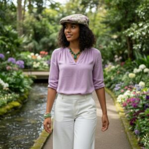 Ivy Flat Cap in Purple Green Tan Kaleidoscope Swirl - model