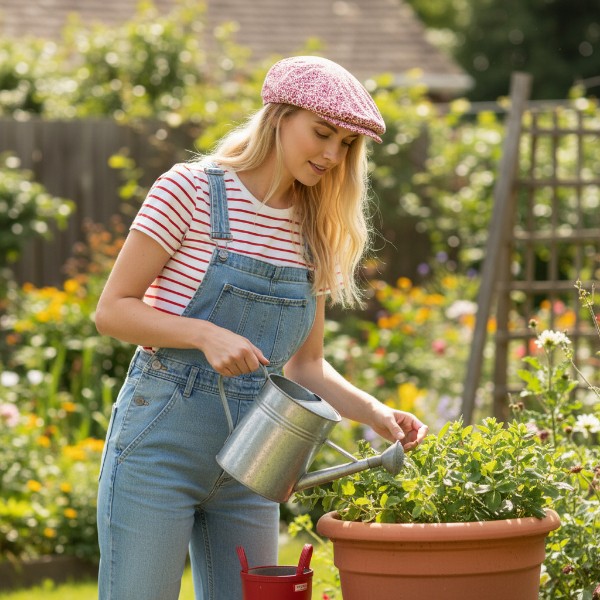Ivy Flat Cap in Red Flowers Sprigs on White - model