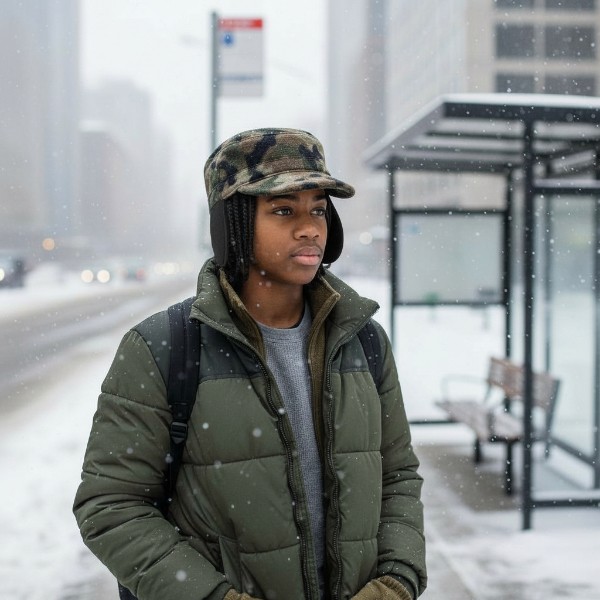 Military Patrol in Olive Brown Camo with Ear Flap Black Fleece - model