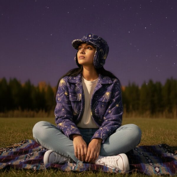 Military Patrol in Tan Stars Galaxy on Motley Purple Fleece - model