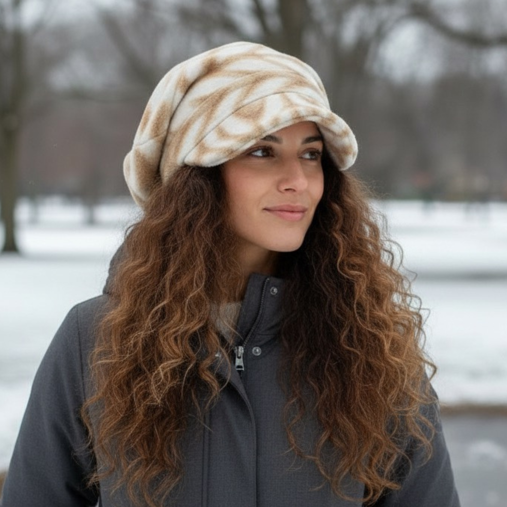 Woman wearing a tan and cream fleece newsboy cap with a relaxed oversized crown and soft bill
