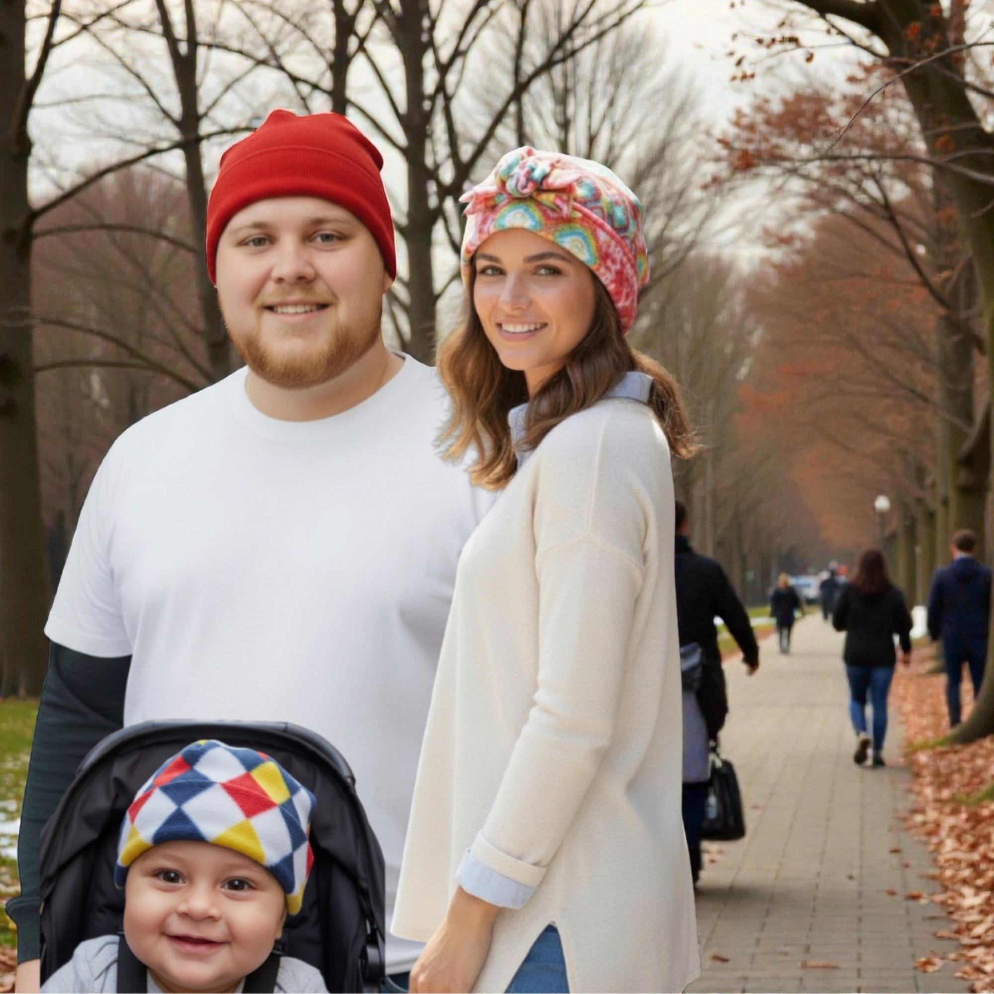 Family wearing handcrafted beanies in baby, adult, and larger sizes during a walk in the park