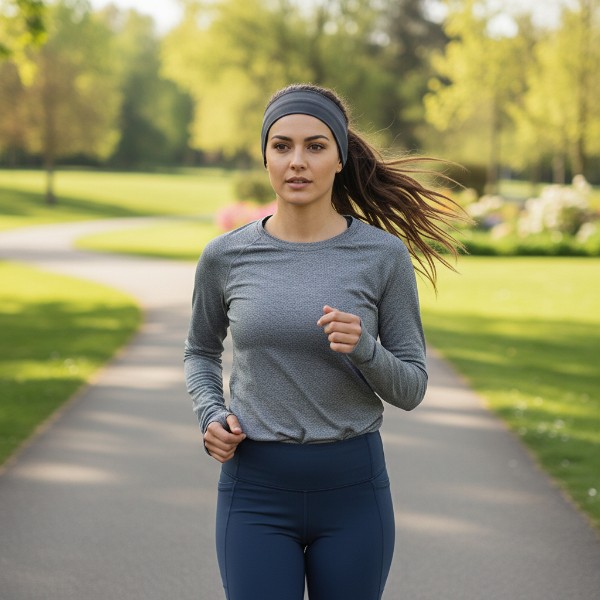 Headband in Anthracite Gray EcoGreen Wicking in Narrow - model