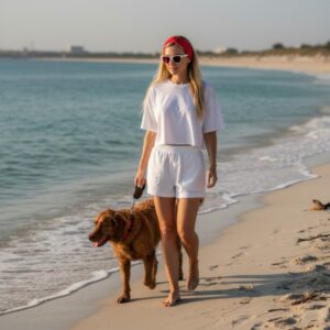 Headband in Red Geometric Stripe Lace and Scrunchie - model