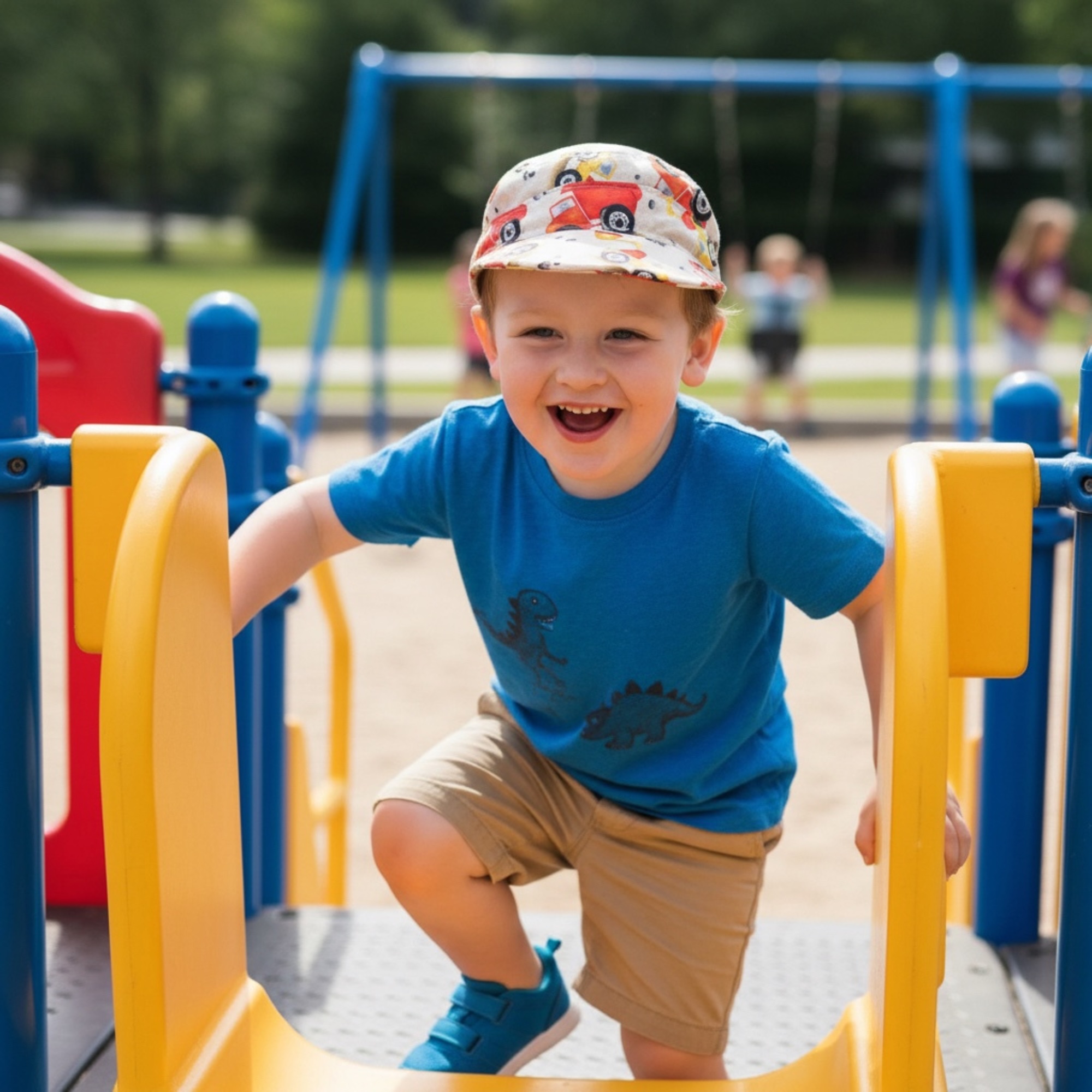 Young child wearing all-weather military patrol cap with structured crown while playing on playground.