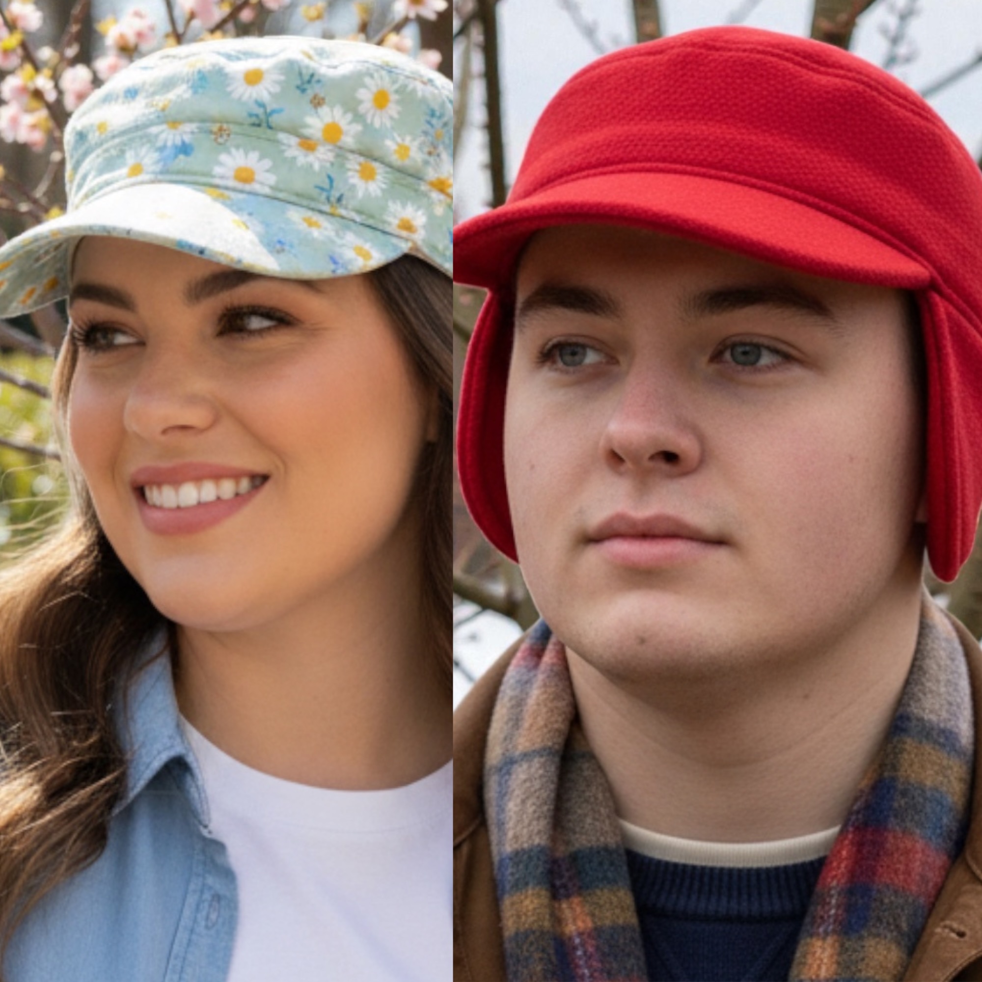 Military patrol caps shown in two builds: all-weather adjustable fit and cool-weather lined fleece with ear coverage.