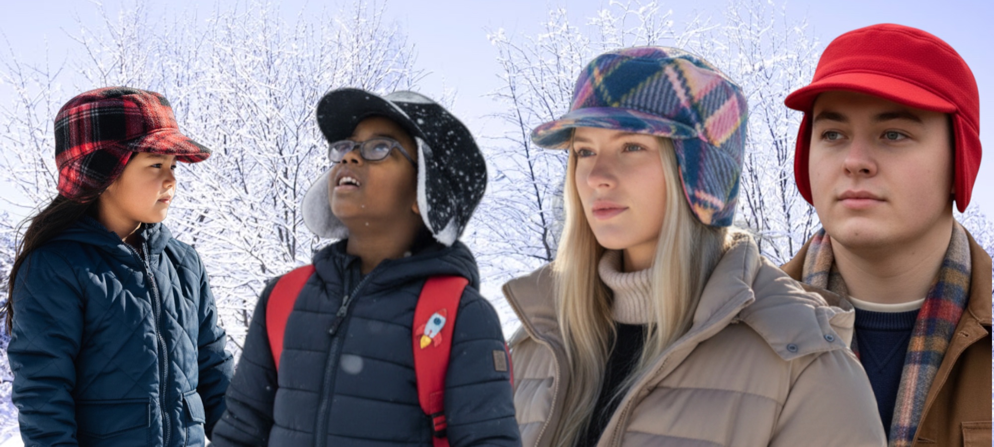Children and adults wearing cool-weather military patrol caps in winter snow settings.