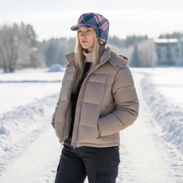 Woman wearing a plaid fleece cool-weather military patrol cap with ear flaps in a snowy winter setting.