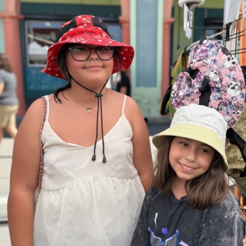 Boonie and Bucket Hats on Sisters at Street Fair Two girls wearing handmade boonie and bucket hats at Tucson street fair