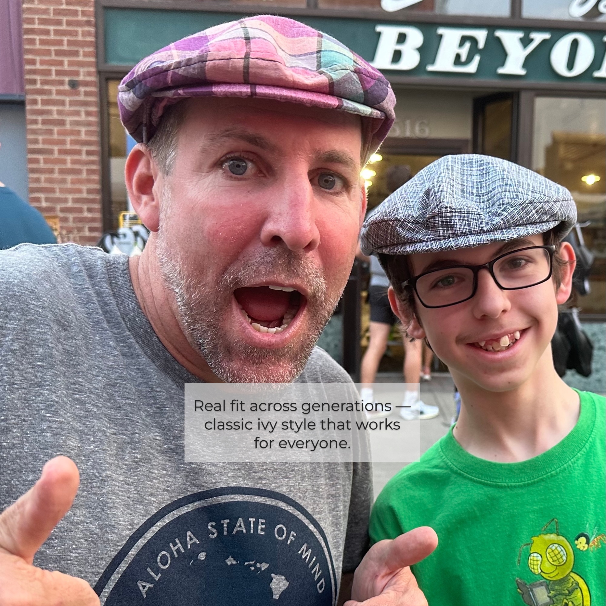 Father and son wearing ivy flat caps showing real fit across different ages