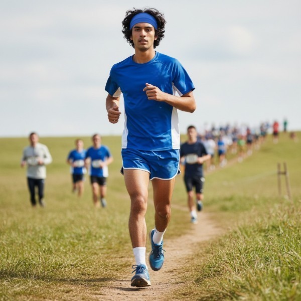 Headband in Blue EcoGreen Wicking - model