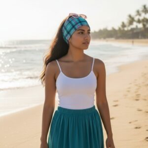 Headband in Navy Pink White on Teal Plaid-model