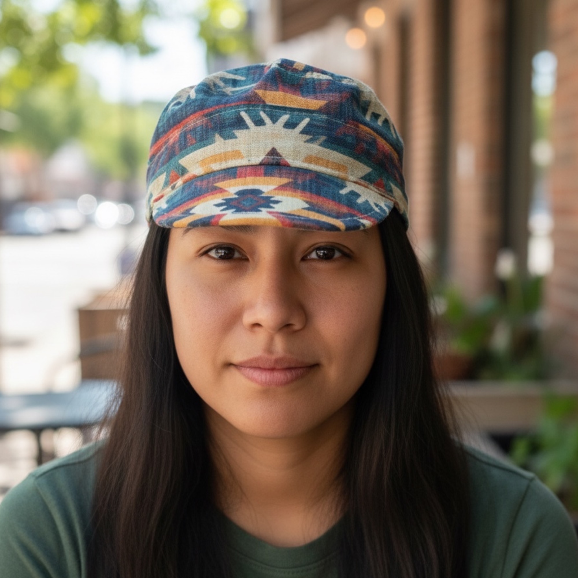 Woman wearing Folies military patrol cap in colorful Native American stripe print with structured bill and close-up fit