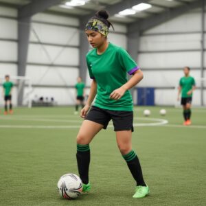 Headband in Lime Green Swirls with Blue Purple White Paisley on Black - model