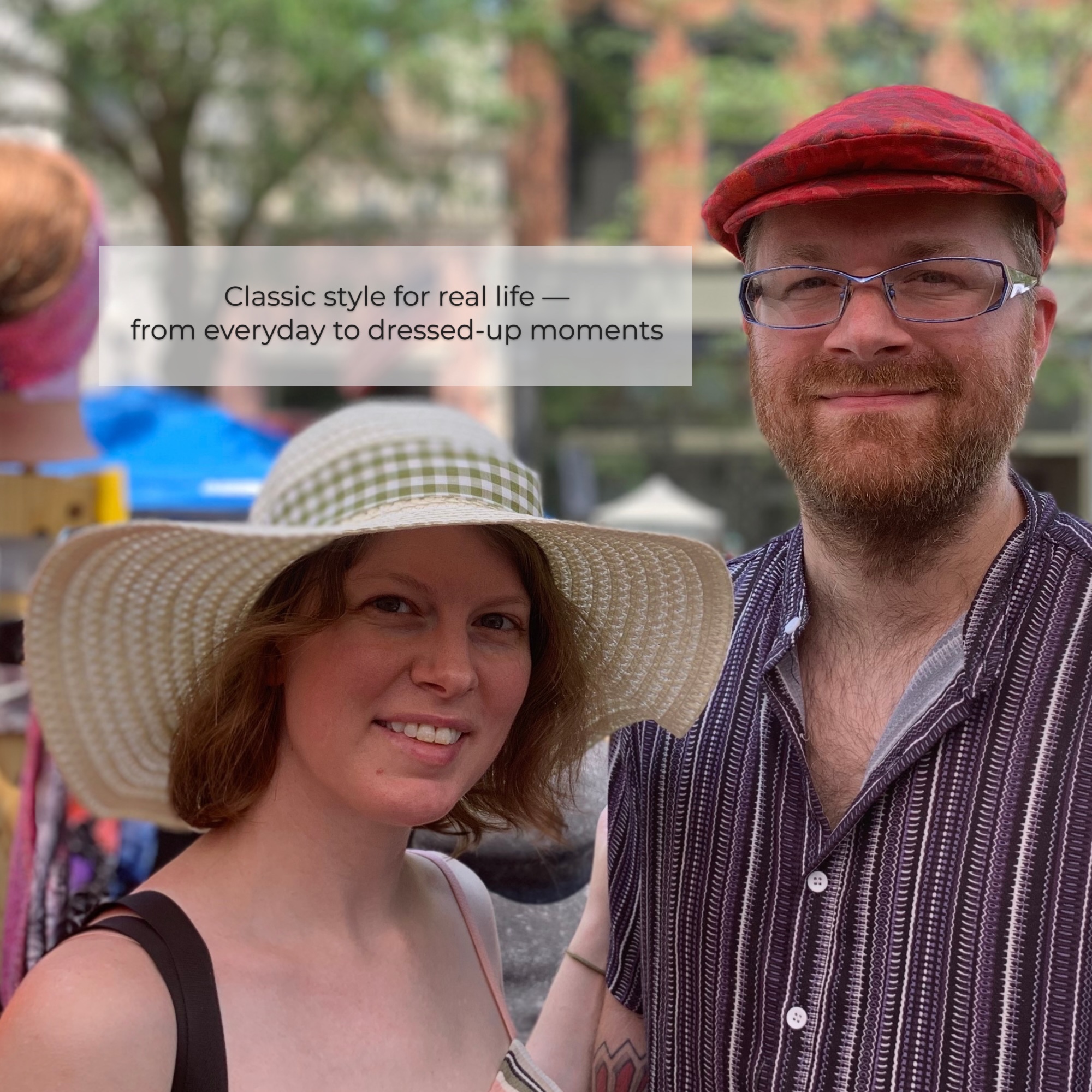 Couple wearing an ivy flat cap and a custom floppy hat with a handmade band showing handcrafted headwear