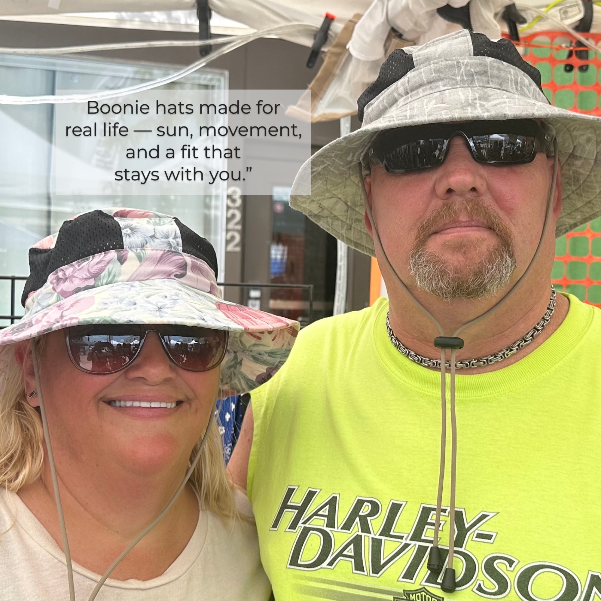 Couple wearing handcrafted boonie hats outdoors, ideal for sun protection and comfortable fit on the water