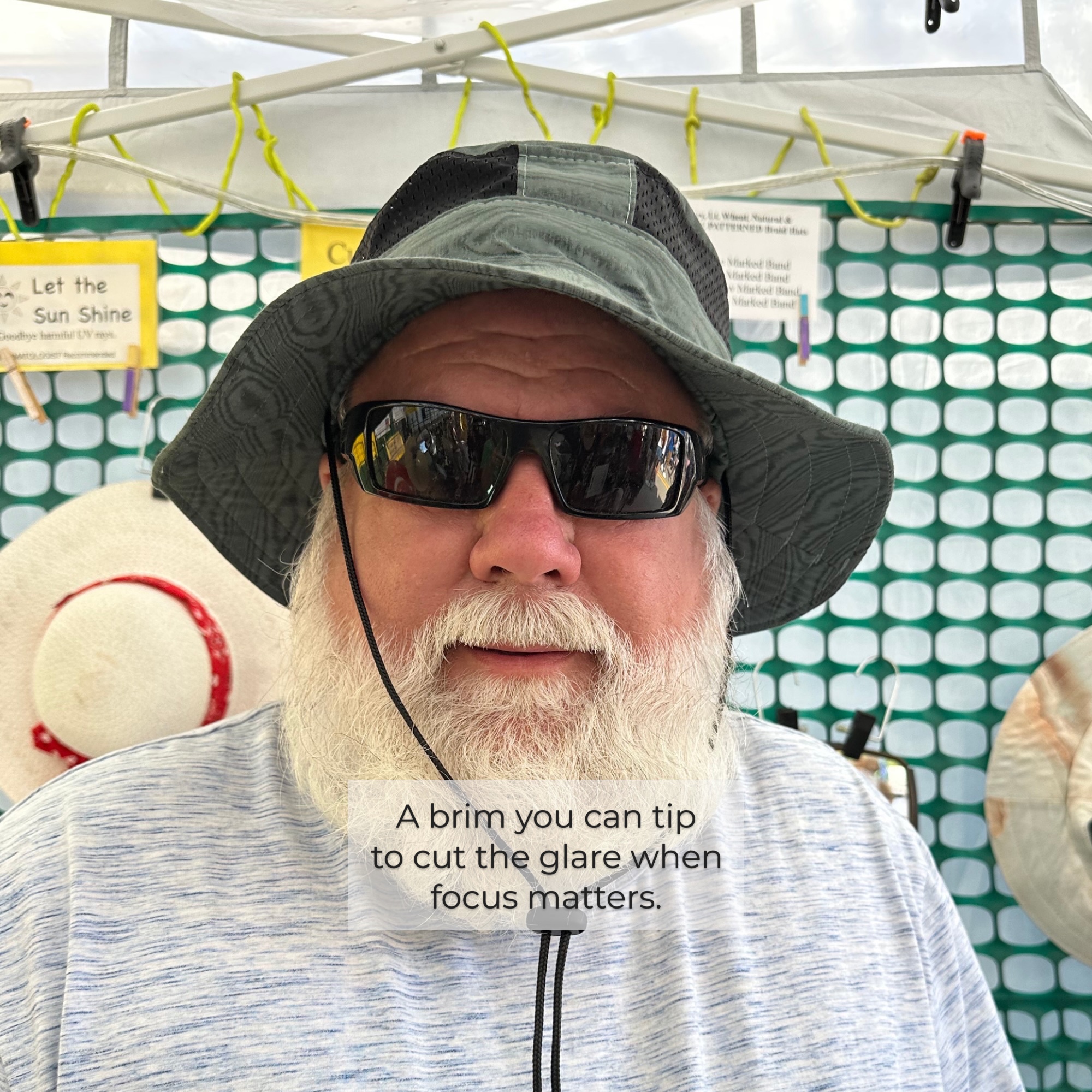 Boonie Hat with Brim for Sun Glare Control Man wearing boonie hat with adjustable brim to reduce sun glare and improve visibility outdoors