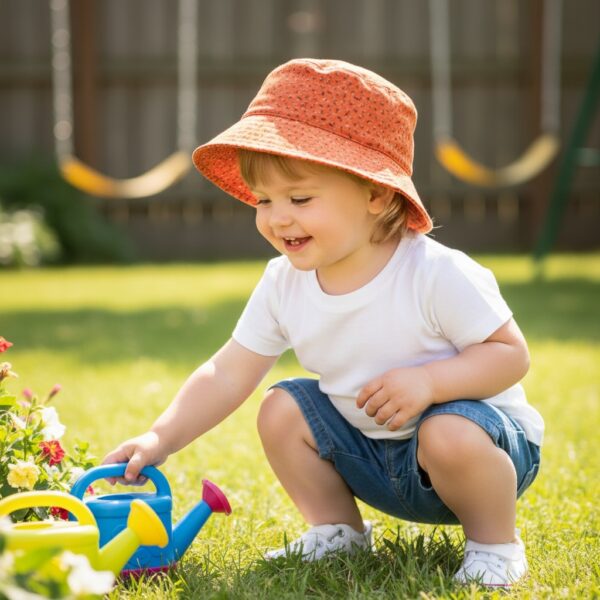 Bucket Hat in Orange with Blue Yellow Heart Flower Bouquet-Model
