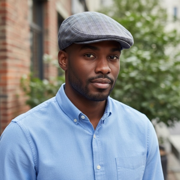 Ivy Flat Cap in Charcoal Blue Gray Plaid Shirting-Model