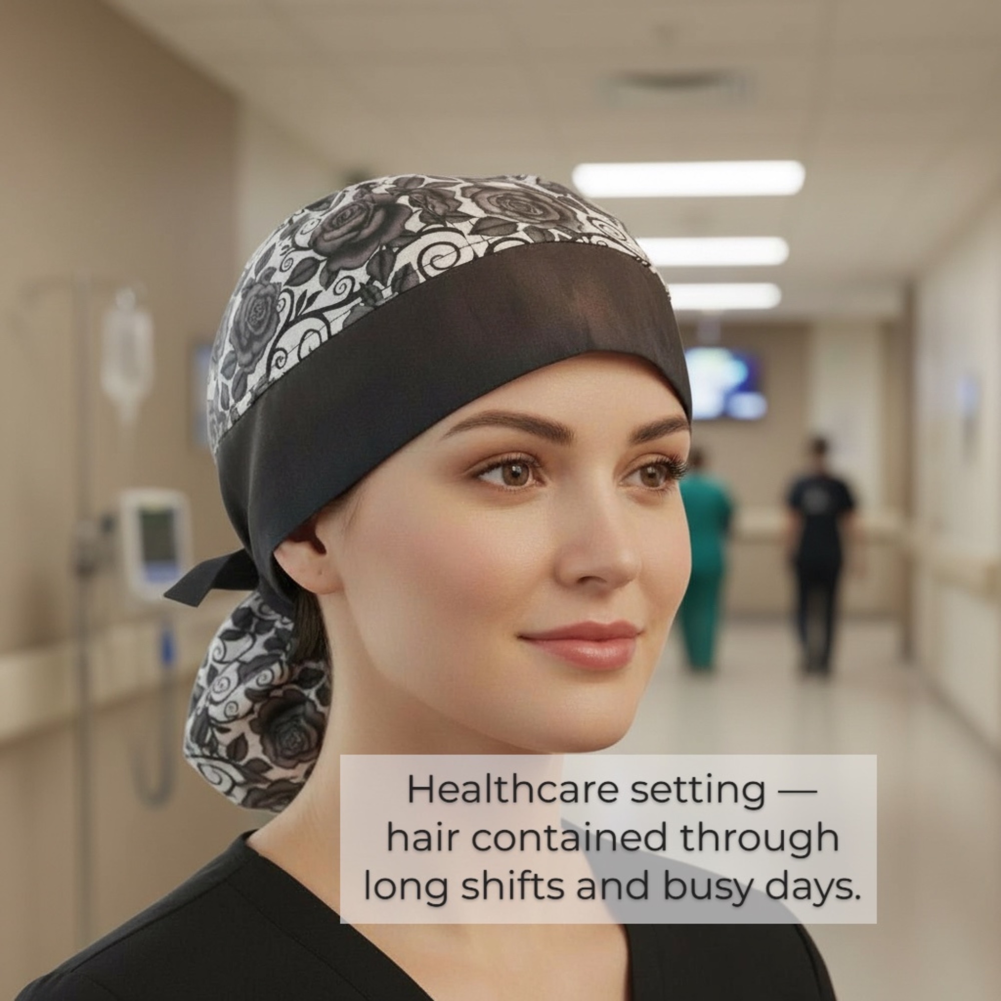 Hair bag do rag keeping long hair contained during healthcare work and long shifts